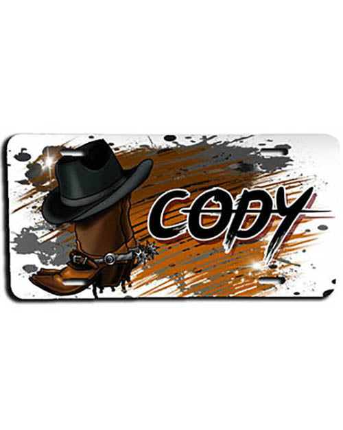 F040 Personalized Airbrushed Cowboy Boots and Hat License Plate Tag