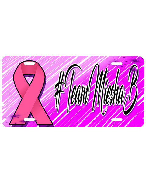 F050 Digitally Airbrush Painted Personalized Custom Breast Cancer Ribbon    Auto License Plate Tag