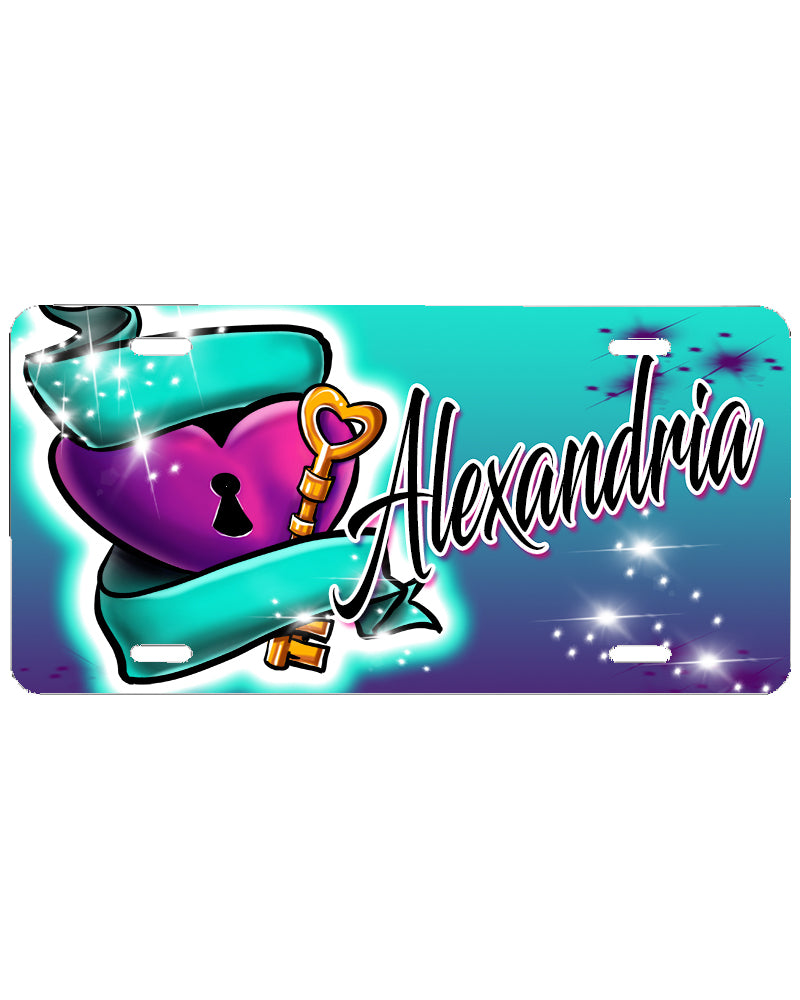 F058 Digitally Airbrush Painted Personalized Custom Keyed Heart Ribbon    Auto License Plate Tag