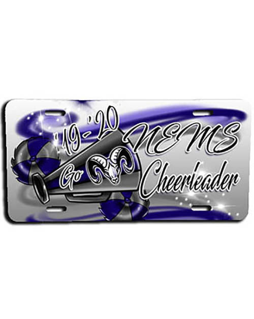 G037 Personalized Airbrush Megaphone and Pom Pom License Plate Tag