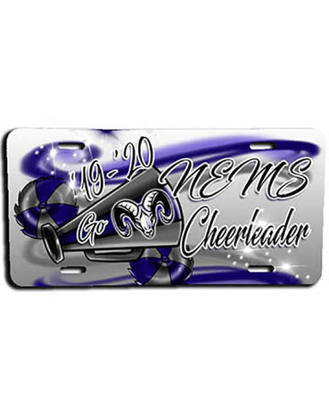 G037 Personalized Airbrush Megaphone and Pom Pom License Plate Tag