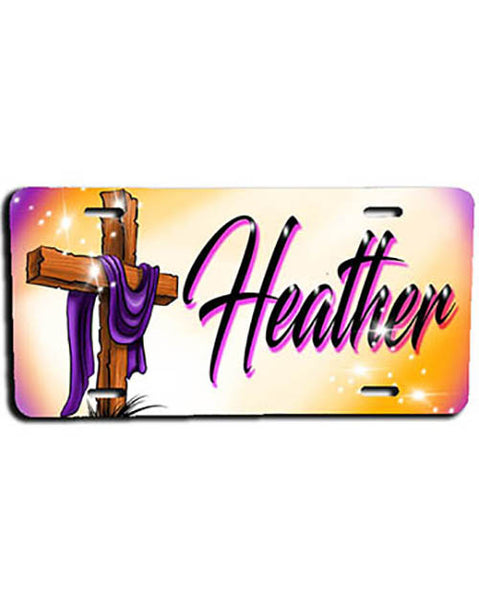 H003 Personalized Airbrushed Christian Cross License Plate Tag