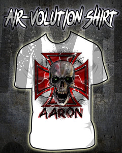 H007 Personalized Airbrushed Wicked Skull Maltese Cross Tee Shirt